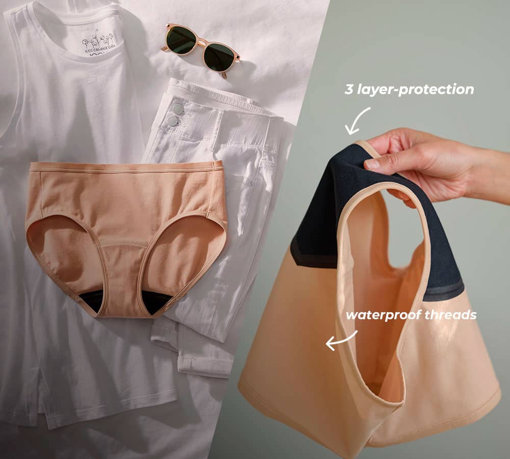 womans worry free underwear with leak protection and waterproof callouts about the underwear
