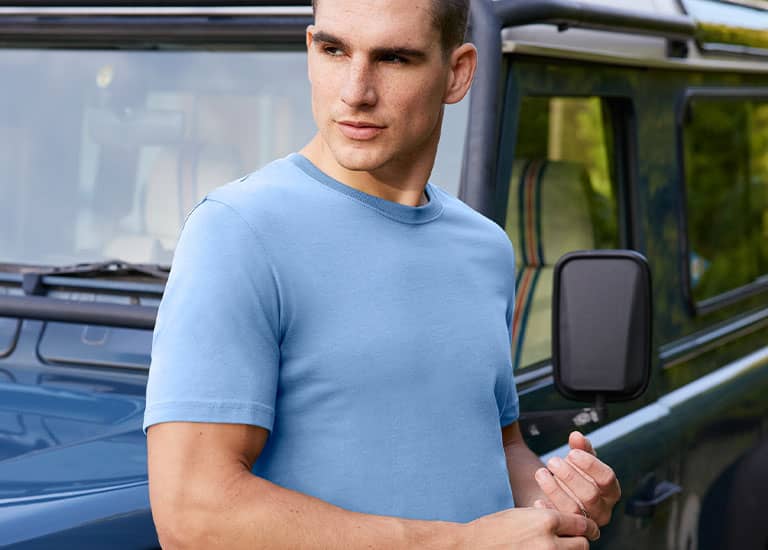 man outside in new tshirt