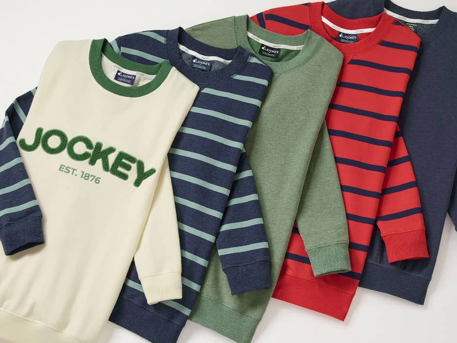 5 Jockey sweatshirts laid out