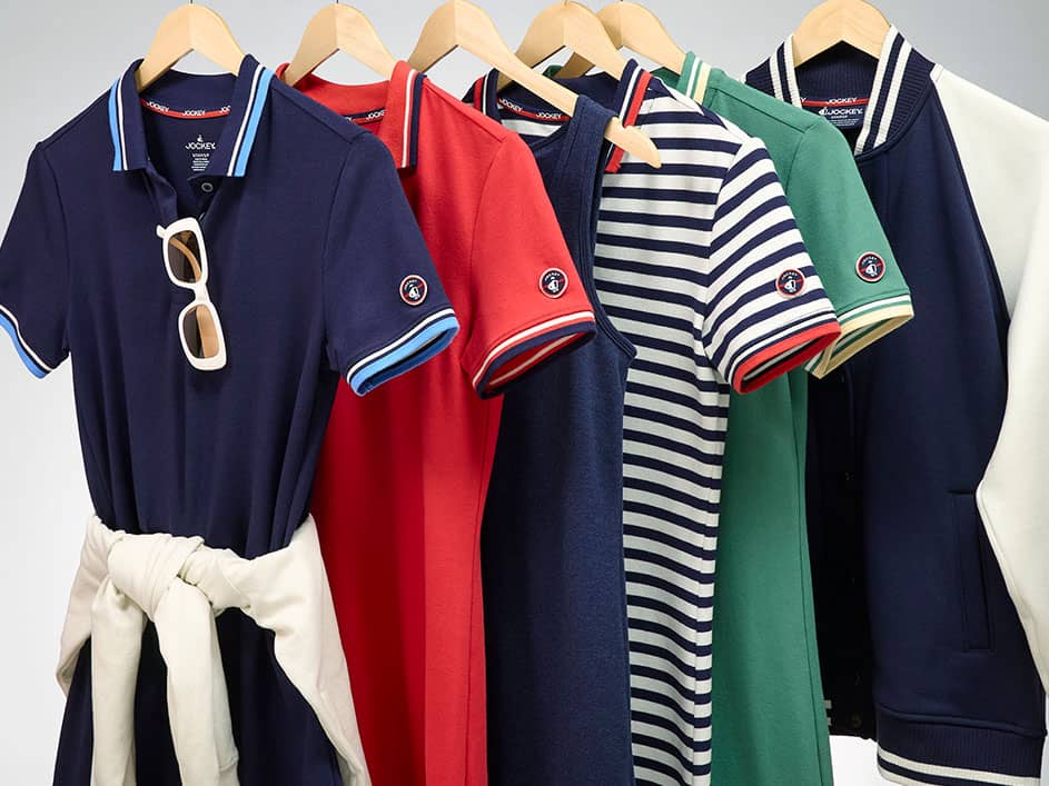 jockey summer clothing on a rack showing dresses and jackets etc.