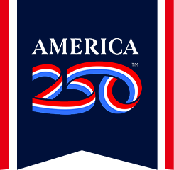 red white and blue logo of America 250 flag