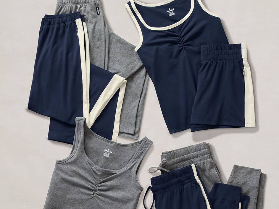 Jockey lounge apparel laid out to show pants and tops