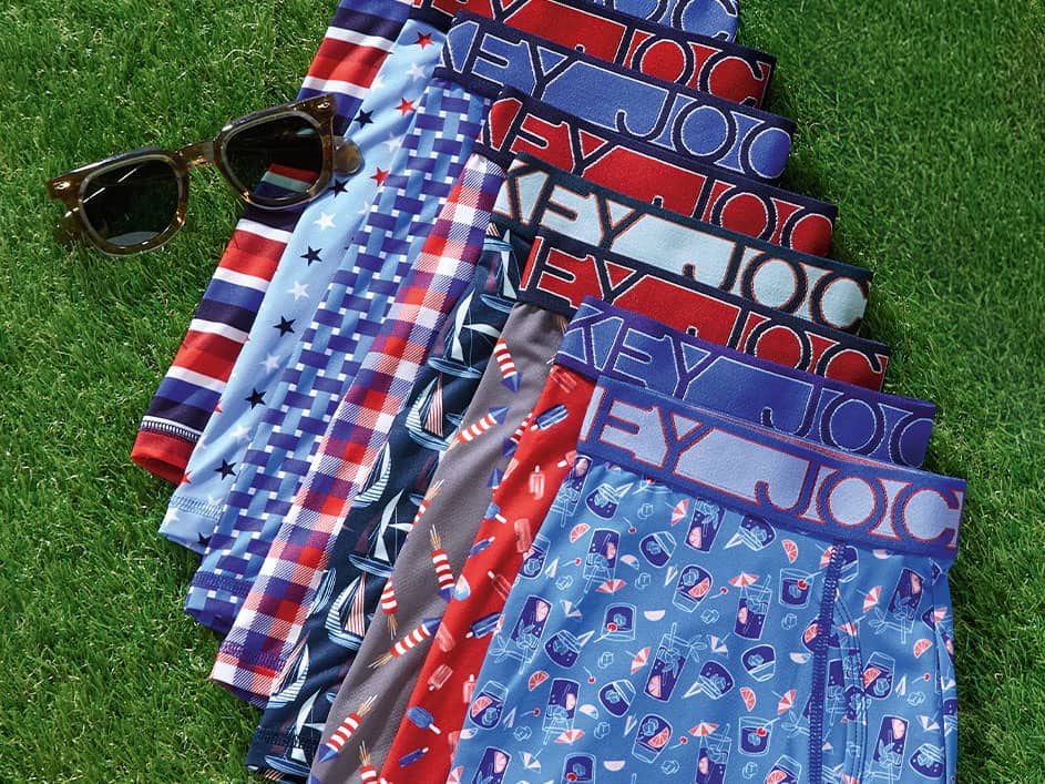 Mens underwear shown in differnet patterns and prints