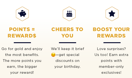 points = rewards The more points you earn, the bigger your reward! / cheers to you - get special discounts on your Birthday. / boost your rewards - Earn extra points with member-only exclusives!