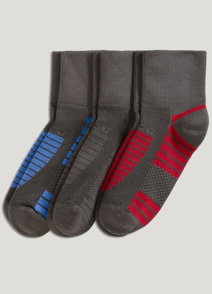 Jockey Men's Made in America* Sport Quarter Socks - 3 Pack in Denim on Charcoal/Red on Charcoal/Grey on Charcoal