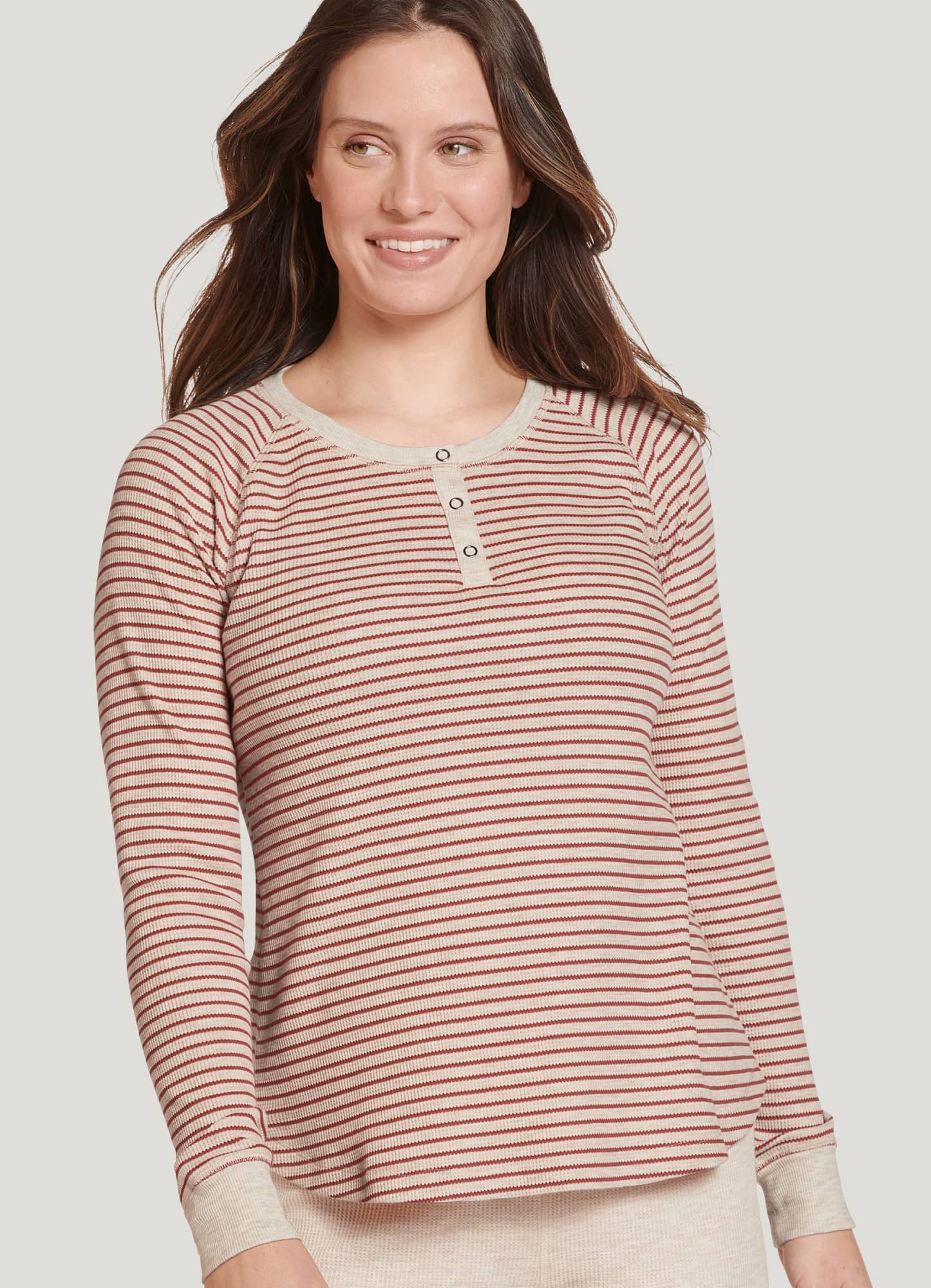 Waffle Long Sleeve Knit Top Snap Button Front Henley Layering